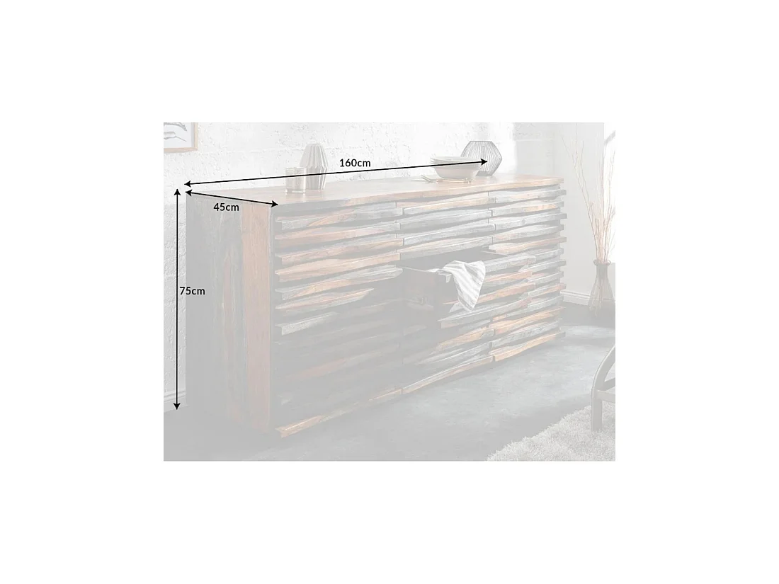 Buffet SAVANA 160 cm en bois massif de sheesham fumé gris – 2 portes, 3 tiroirs et façades sculptées