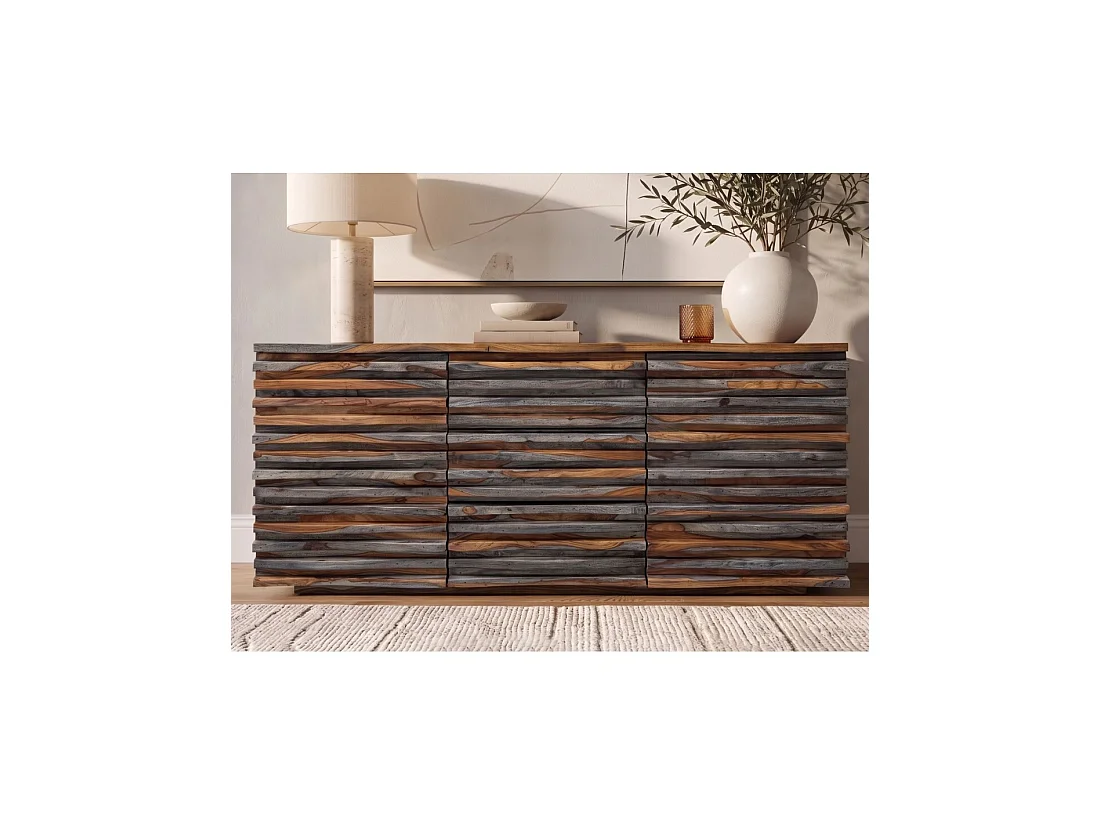 Buffet SAVANA 160 cm en bois massif de sheesham fumé gris – 2 portes, 3 tiroirs et façades sculptées