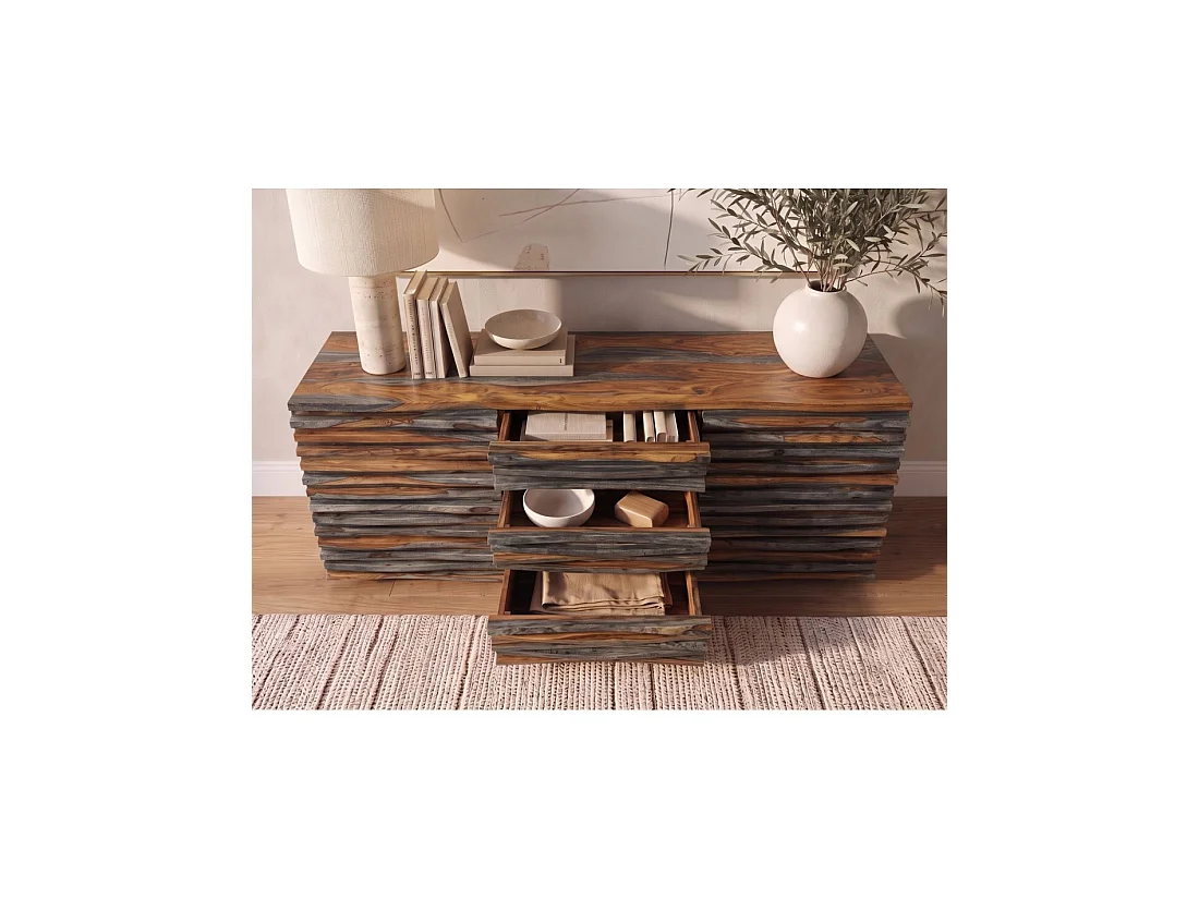 Buffet SAVANA 160 cm en bois massif de sheesham fumé gris – 2 portes, 3 tiroirs et façades sculptées