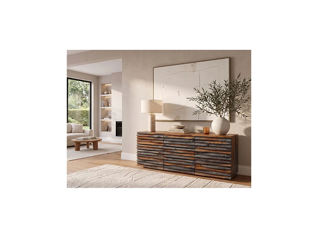 Buffet SAVANA 160 cm en bois massif de sheesham fumé gris – 2 portes, 3 tiroirs et façades sculptées