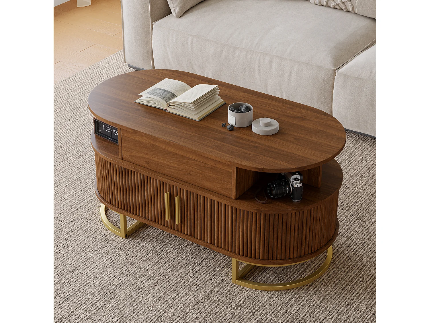 Tavolino da salotto ovale rialzabile 100x50x64 cm - Altezza regolabile - 2 ante scorrevoli - Struttura in tubi d'acciaio - MDF - Marrone