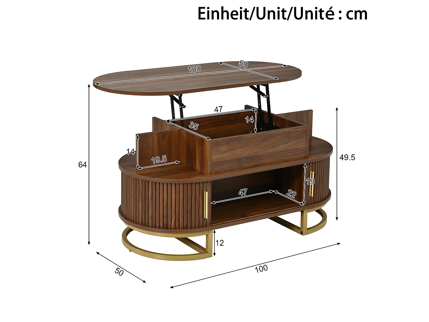 Tavolino da salotto ovale rialzabile 100x50x64 cm - Altezza regolabile - 2 ante scorrevoli - Struttura in tubi d'acciaio - MDF - Marrone