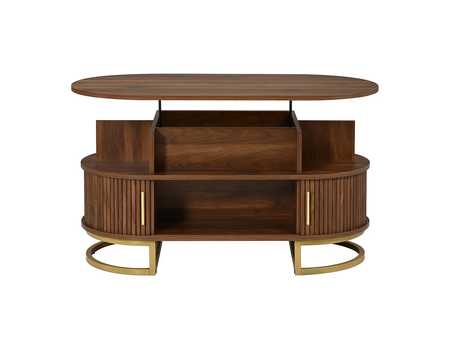 Tavolino da salotto ovale rialzabile 100x50x64 cm - Altezza regolabile - 2 ante scorrevoli - Struttura in tubi d'acciaio - MDF - Marrone