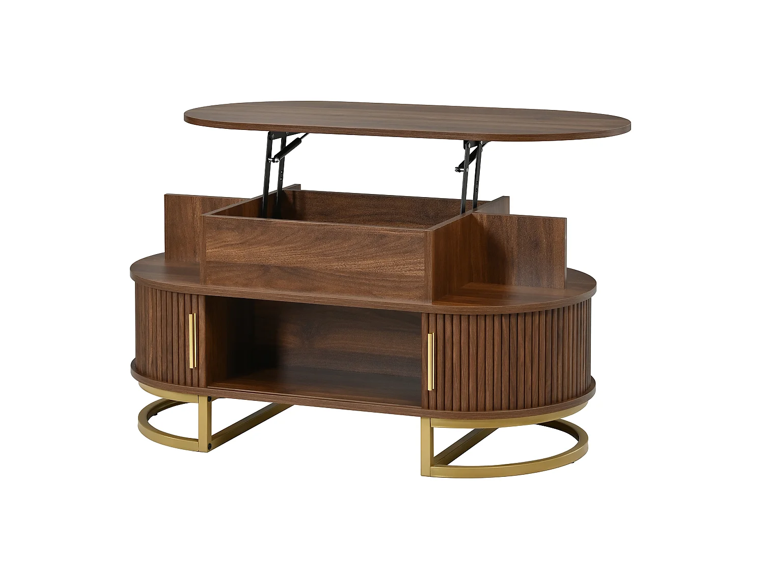 Tavolino da salotto ovale rialzabile 100x50x64 cm - Altezza regolabile - 2 ante scorrevoli - Struttura in tubi d'acciaio - MDF - Marrone