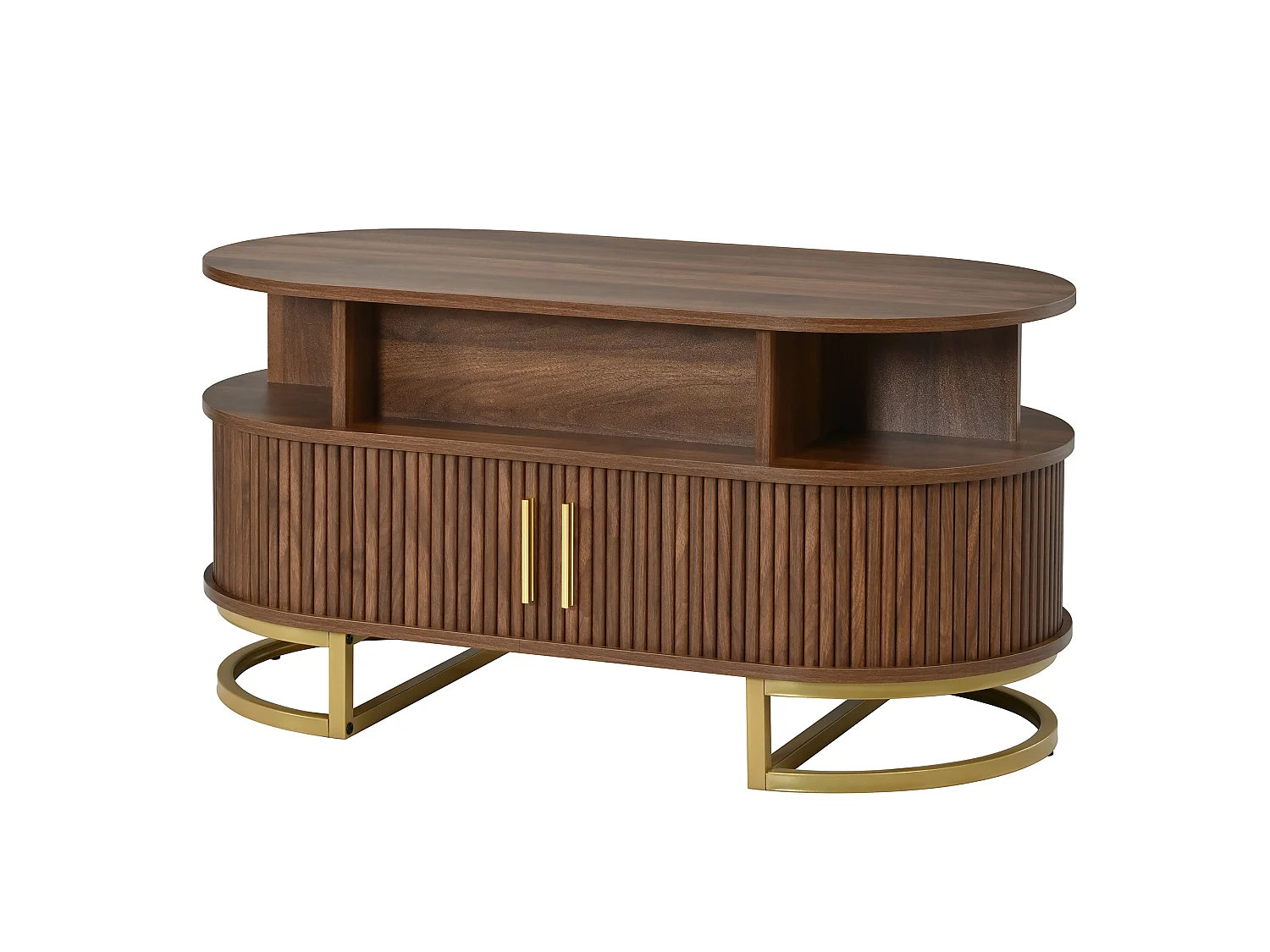 Tavolino da salotto ovale rialzabile 100x50x64 cm - Altezza regolabile - 2 ante scorrevoli - Struttura in tubi d'acciaio - MDF - Marrone
