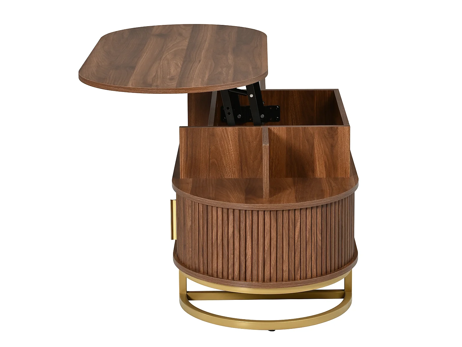 Tavolino da salotto ovale rialzabile 100x50x64 cm - Altezza regolabile - 2 ante scorrevoli - Struttura in tubi d'acciaio - MDF - Marrone