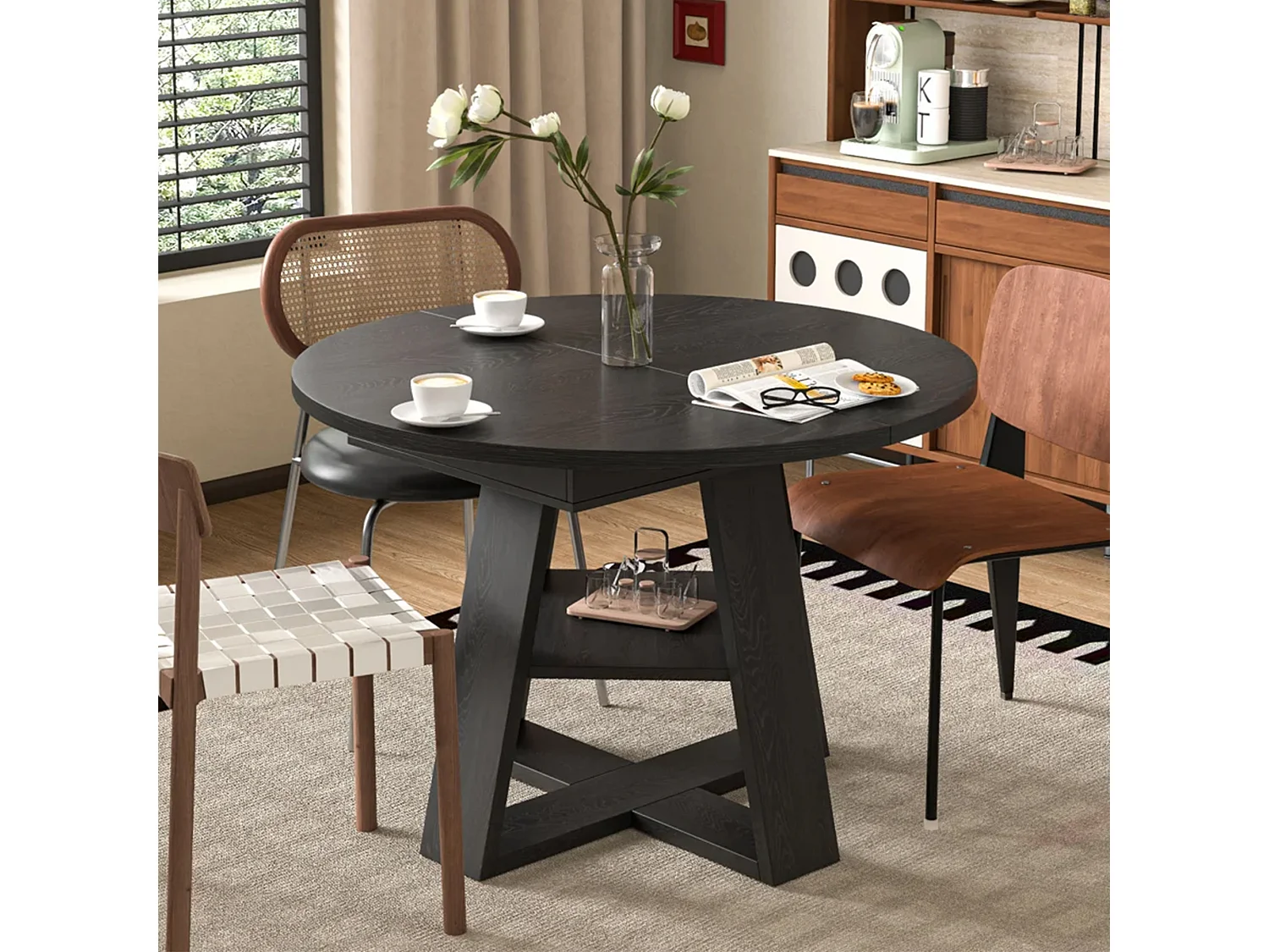 Mesa de comedor extensible 110/150x110 cm - Ideal para 4 a 6 personas - Mesa redonda - con almacenamiento y estantes - Negro