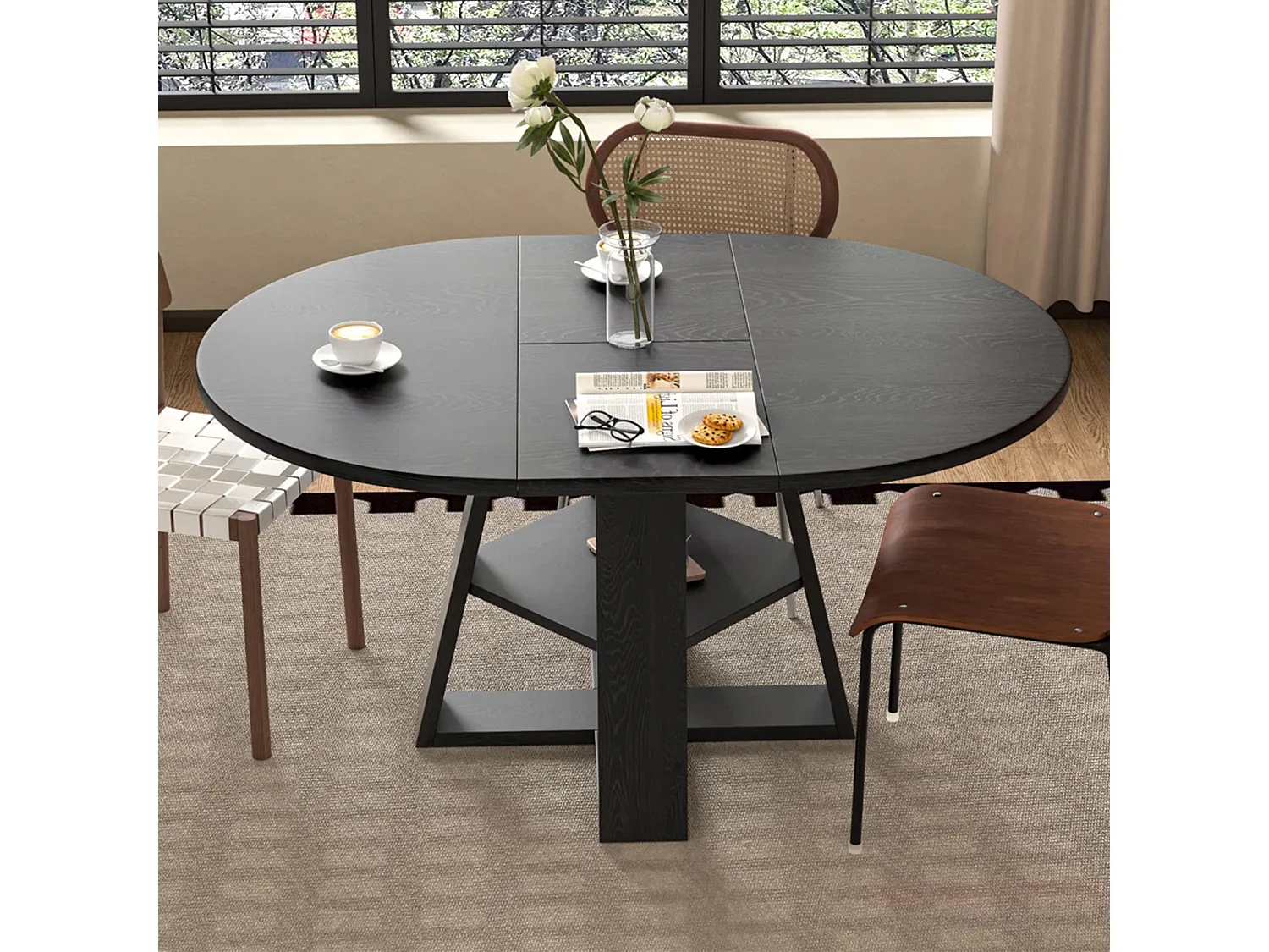 Mesa de comedor extensible 110/150x110 cm - Ideal para 4 a 6 personas - Mesa redonda - con almacenamiento y estantes - Negro