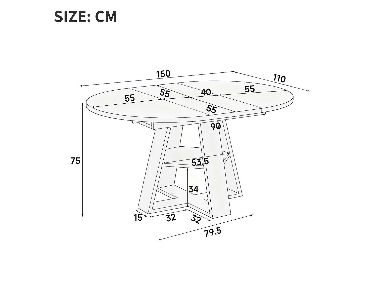 Mesa de comedor extensible 110/150x110 cm - Ideal para 4 a 6 personas - Mesa redonda - con almacenamiento y estantes - Negro