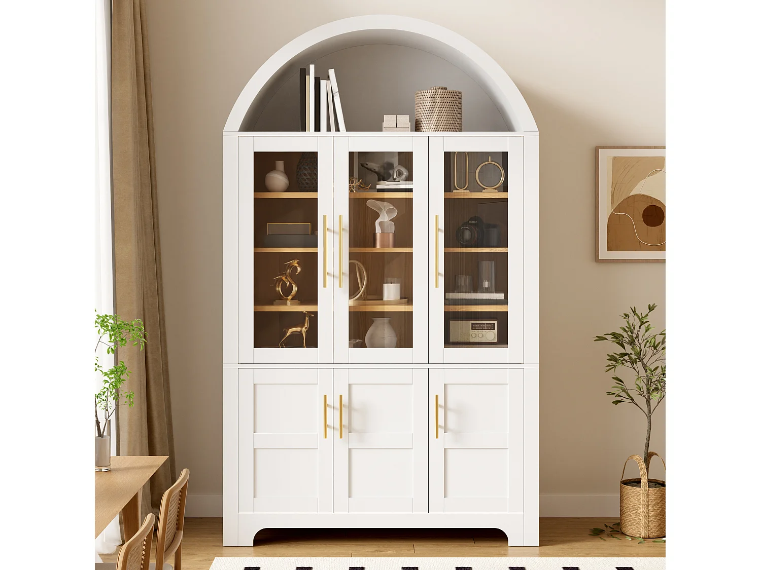 Nowoczesny bufet w łuku 110x40x185 cm - 3 przeszklone drzwi, 3 schowki i regulowane półki - MDF - Biały