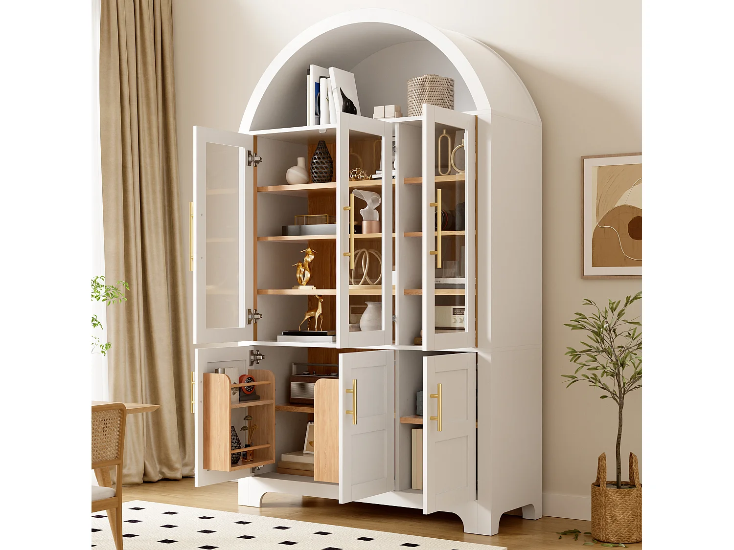 Nowoczesny bufet w łuku 110x40x185 cm - 3 przeszklone drzwi, 3 schowki i regulowane półki - MDF - Biały