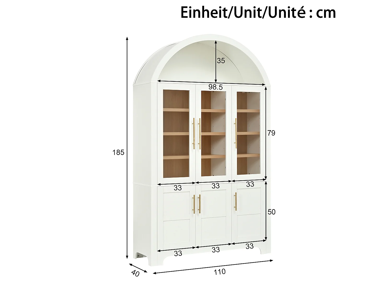 Nowoczesny bufet w łuku 110x40x185 cm - 3 przeszklone drzwi, 3 schowki i regulowane półki - MDF - Biały