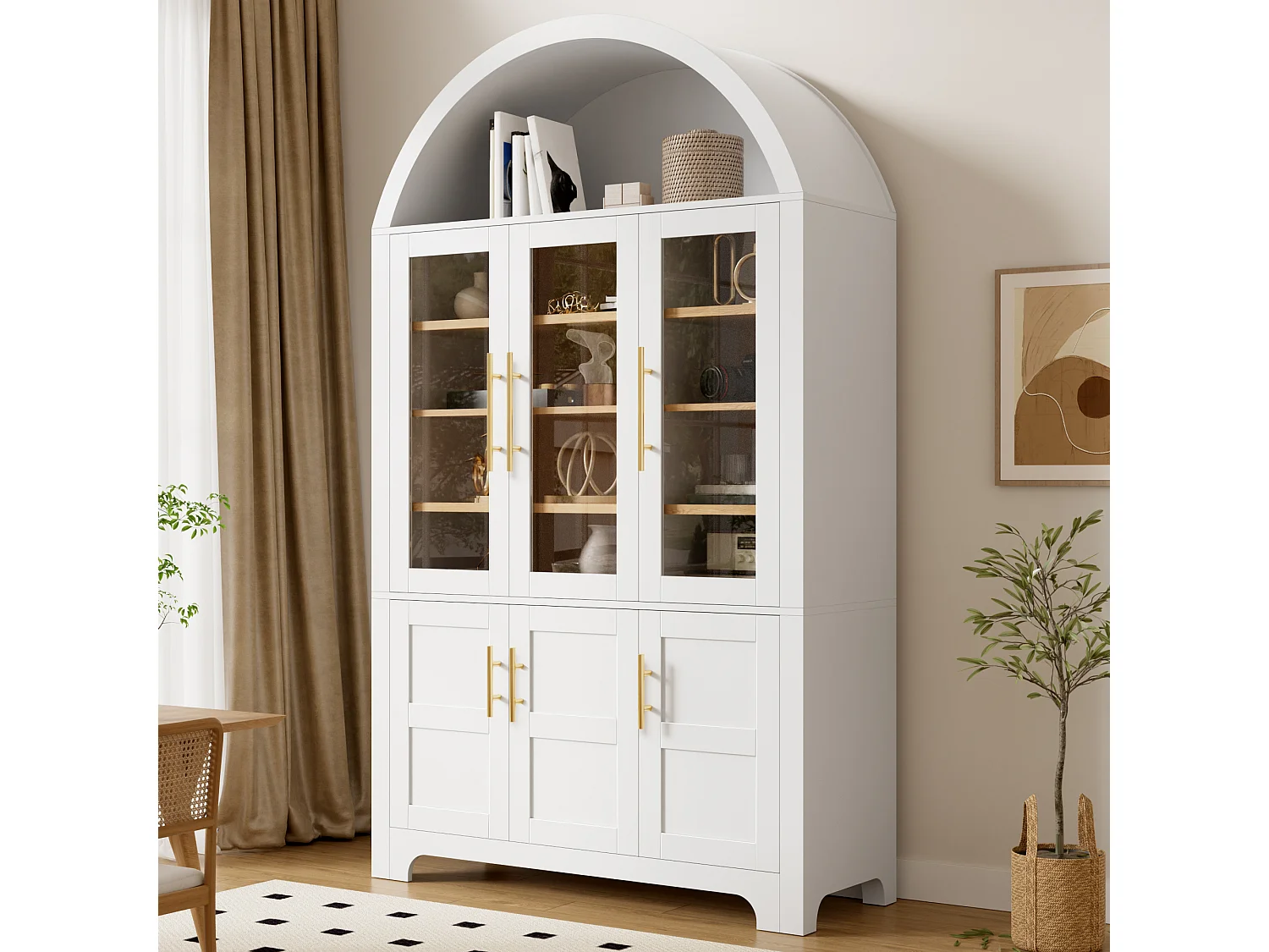 Nowoczesny bufet w łuku 110x40x185 cm - 3 przeszklone drzwi, 3 schowki i regulowane półki - MDF - Biały