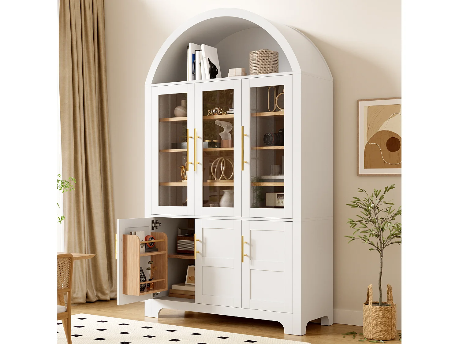 Nowoczesny bufet w łuku 110x40x185 cm - 3 przeszklone drzwi, 3 schowki i regulowane półki - MDF - Biały