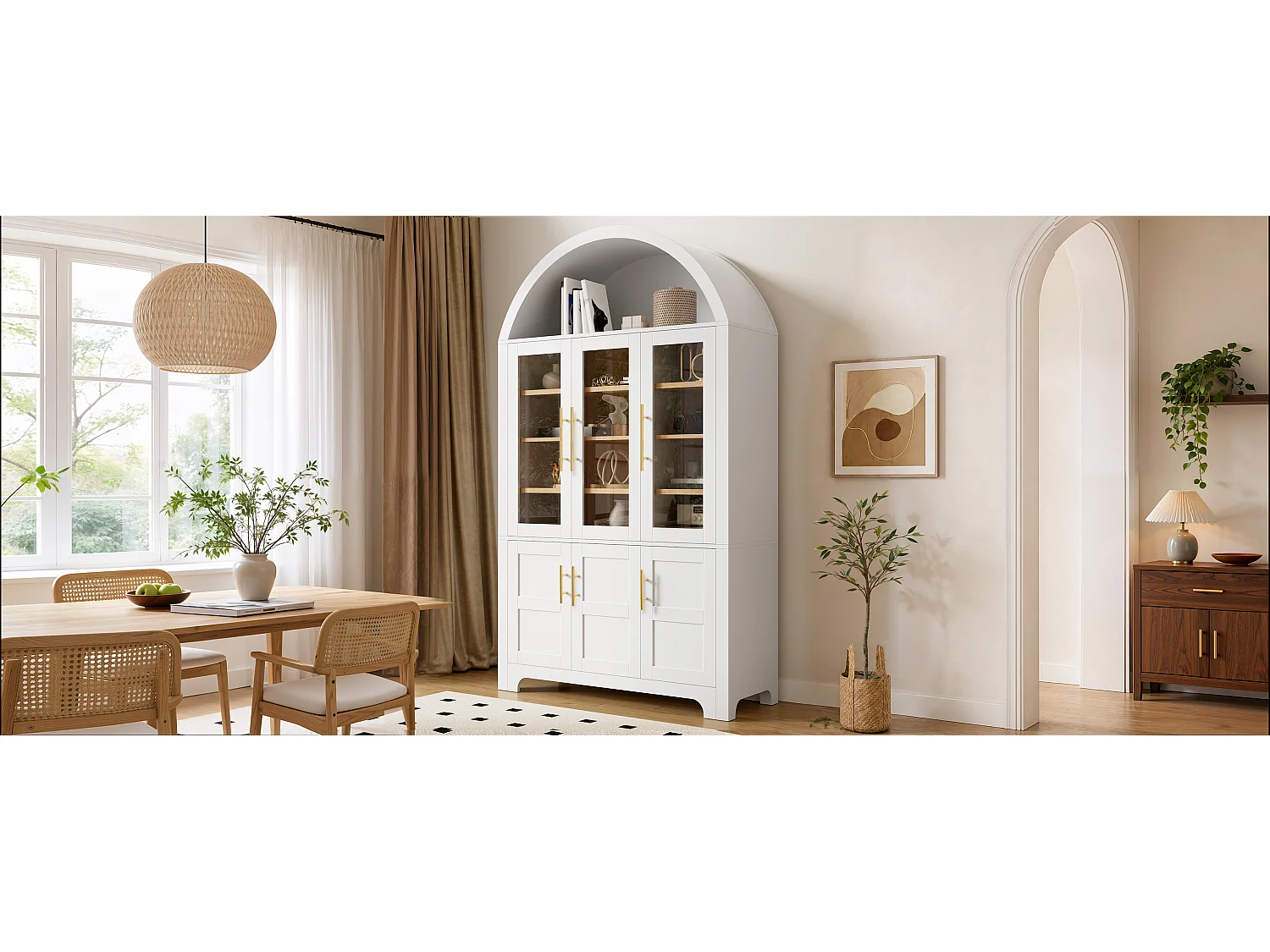 Nowoczesny bufet w łuku 110x40x185 cm - 3 przeszklone drzwi, 3 schowki i regulowane półki - MDF - Biały