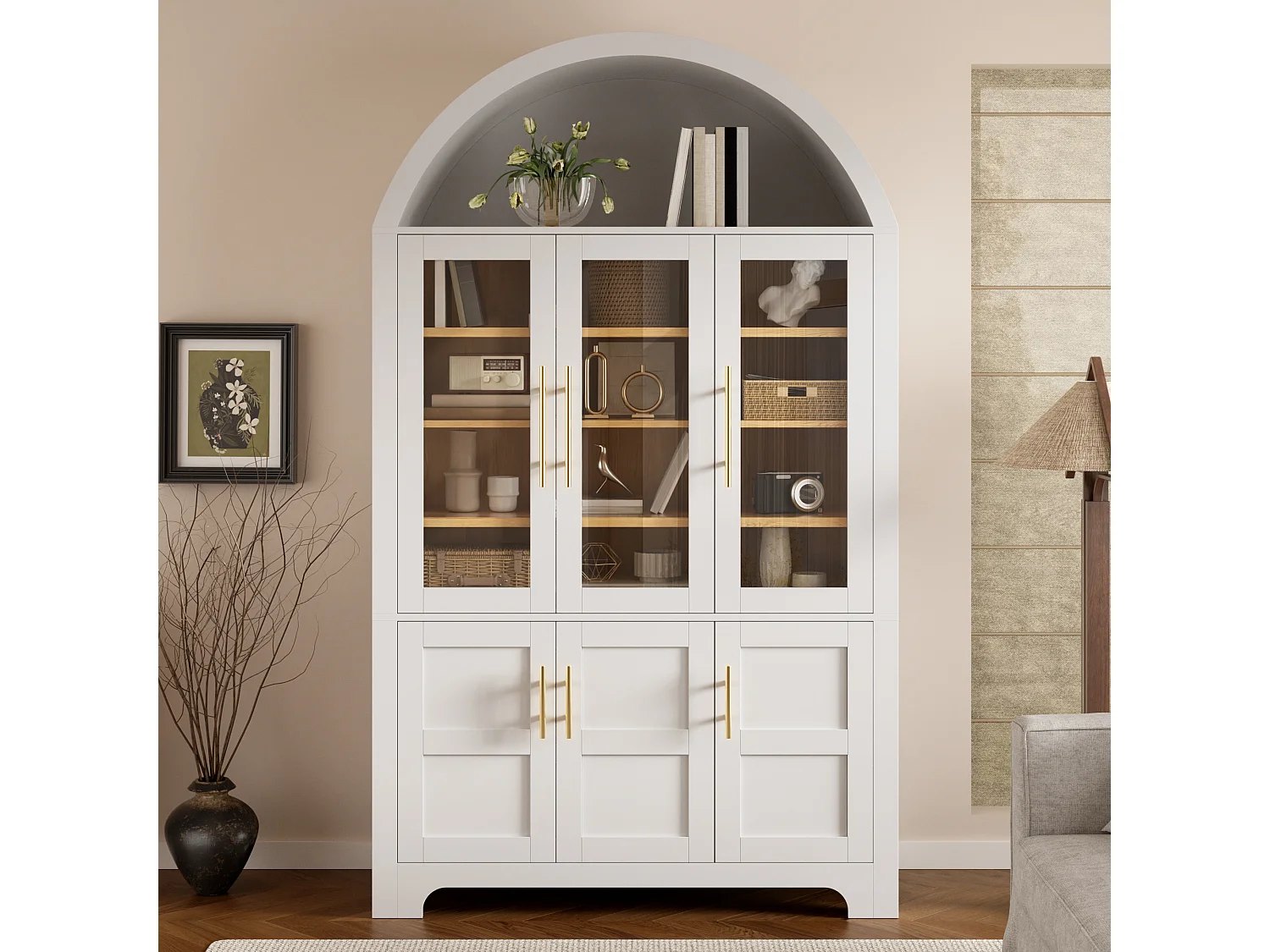 Nowoczesny bufet w łuku 110x40x185 cm - 3 przeszklone drzwi, 3 schowki i regulowane półki - MDF - Biały