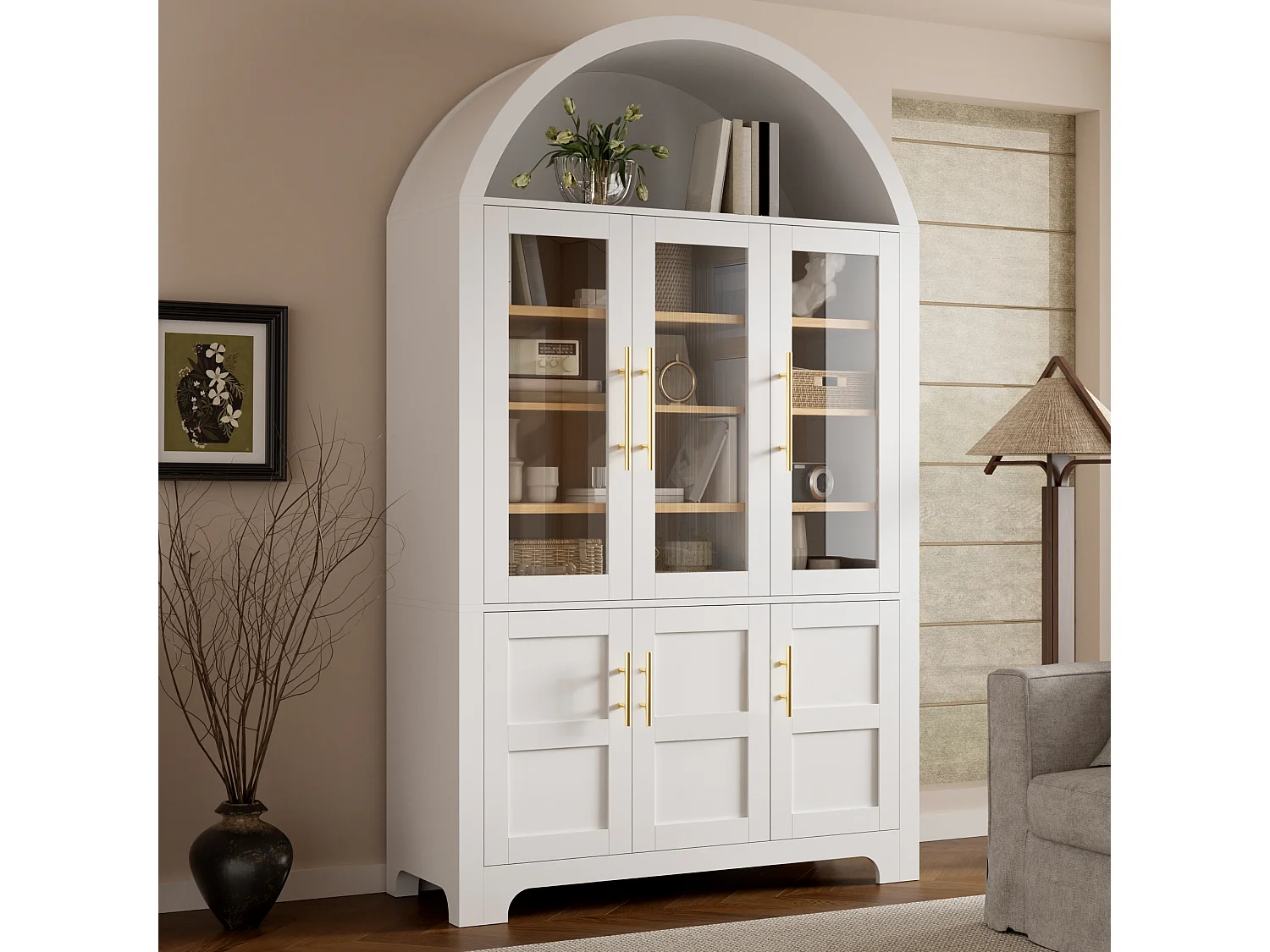 Nowoczesny bufet w łuku 110x40x185 cm - 3 przeszklone drzwi, 3 schowki i regulowane półki - MDF - Biały