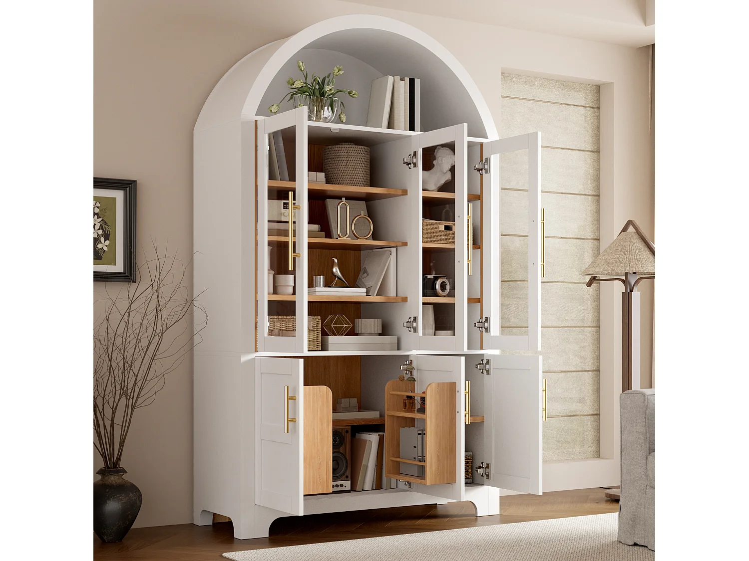 Nowoczesny bufet w łuku 110x40x185 cm - 3 przeszklone drzwi, 3 schowki i regulowane półki - MDF - Biały
