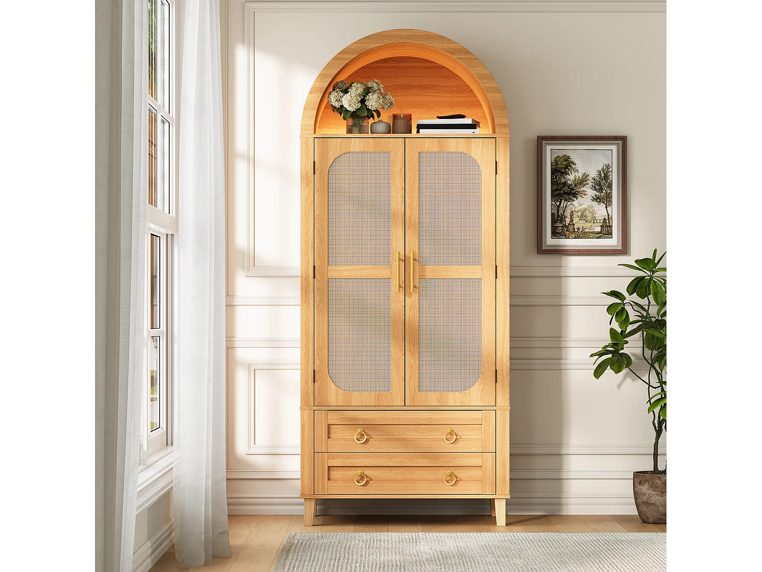 Buffet, armoire haute moderne cintrée - Éclairage LED - 2 portes aspect rotin + étagère de rangement + 2 tiroirs  - MDF - Naturel