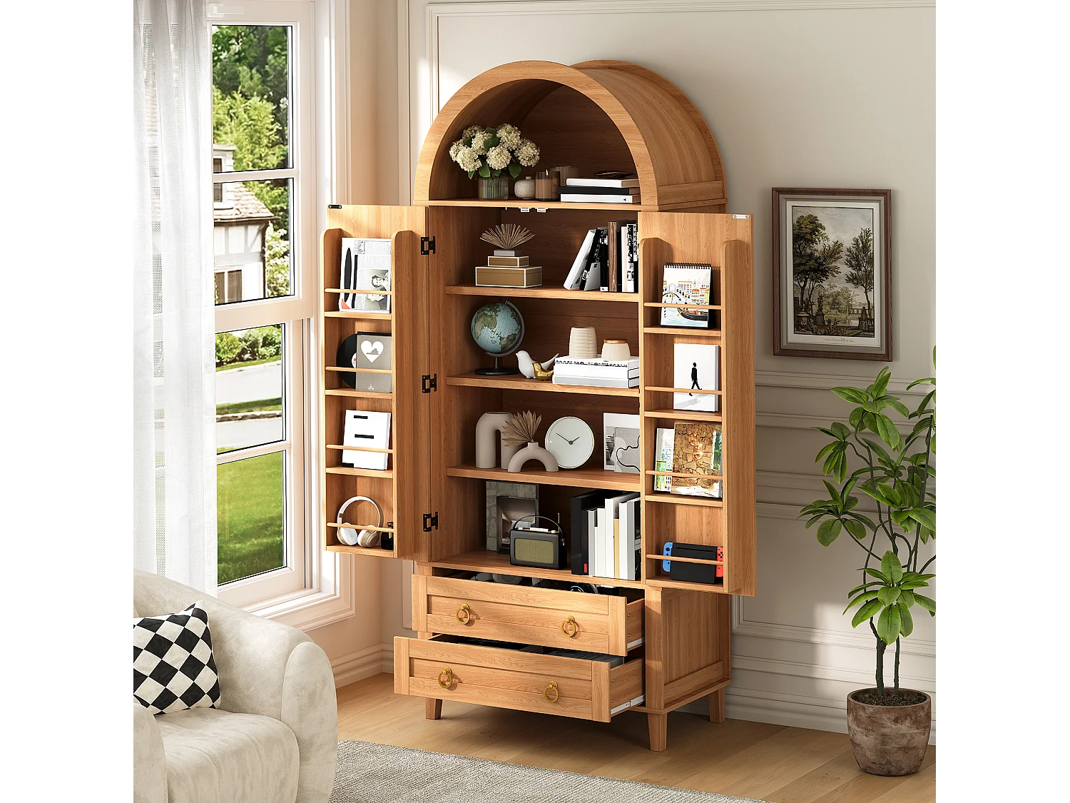 Buffet, armoire haute moderne cintrée - Éclairage LED - 2 portes aspect rotin + étagère de rangement + 2 tiroirs  - MDF - Naturel