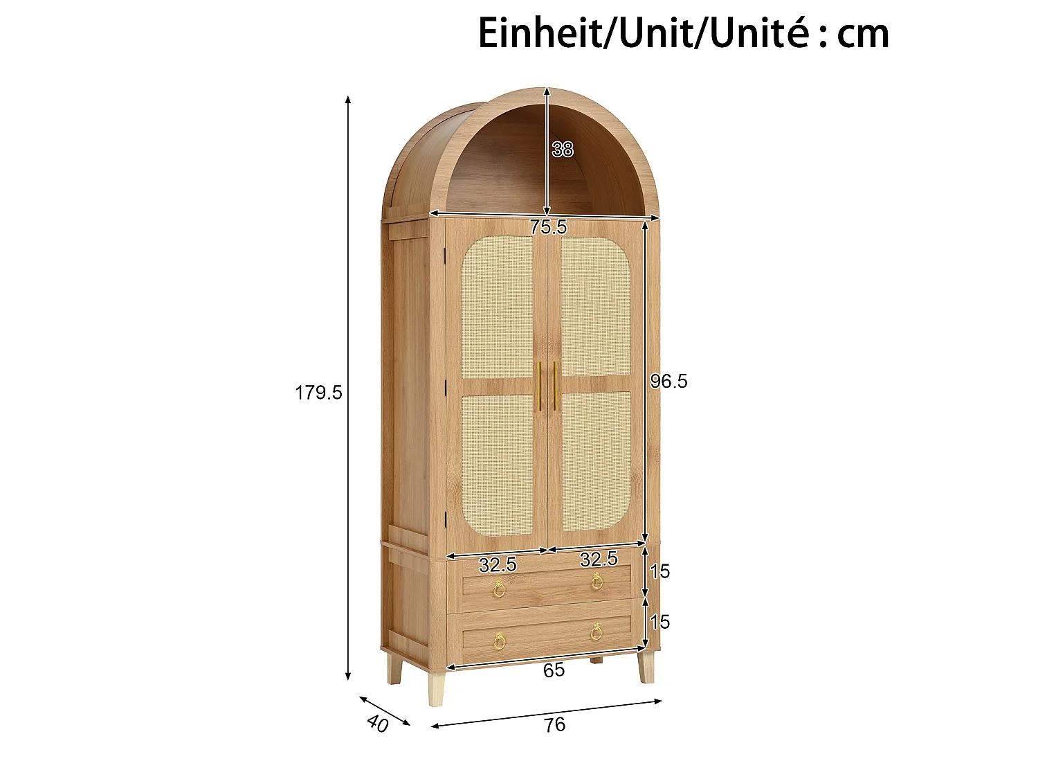 Buffet, armoire haute moderne cintrée - Éclairage LED - 2 portes aspect rotin + étagère de rangement + 2 tiroirs  - MDF - Naturel