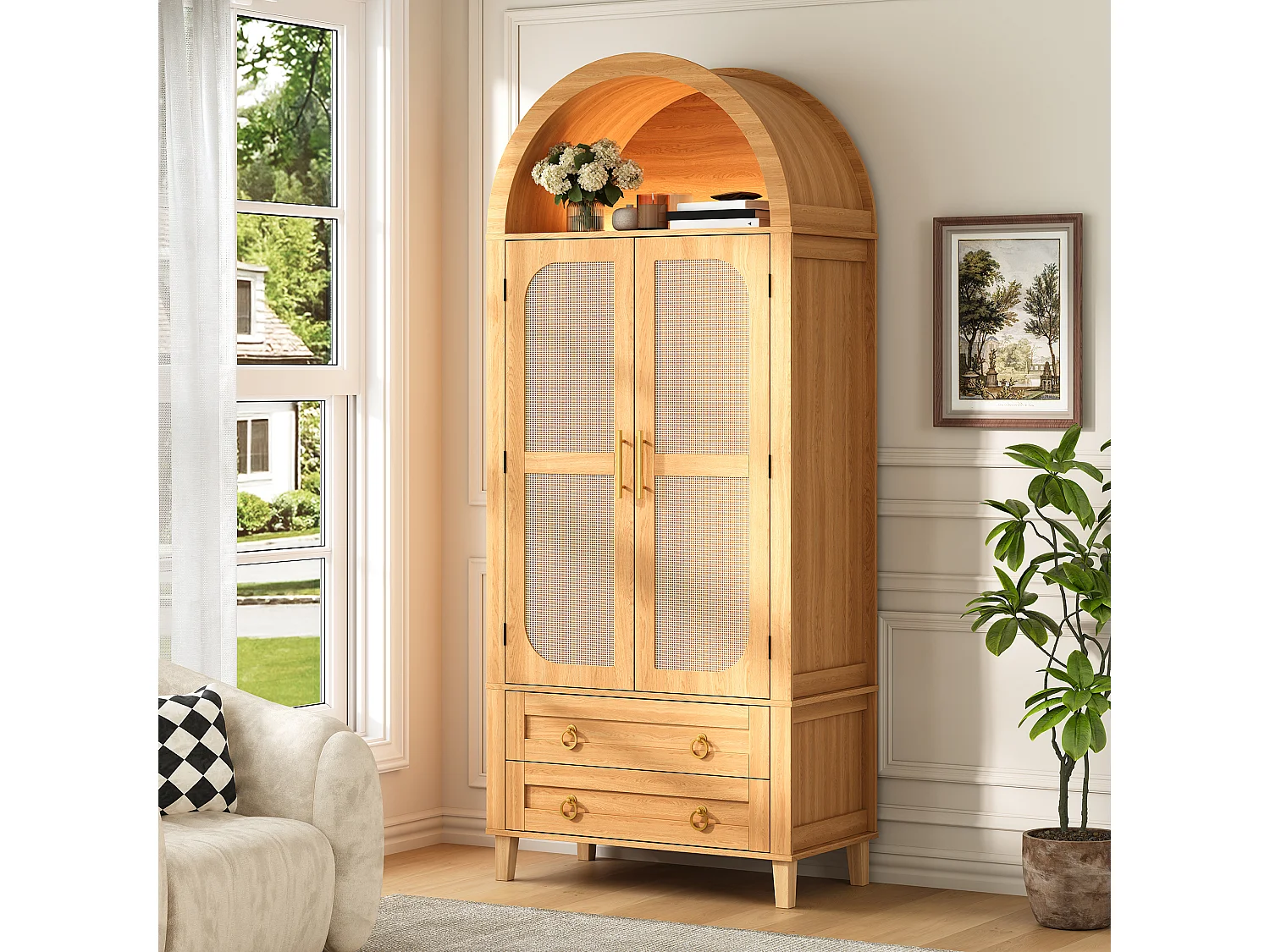 Buffet, armoire haute moderne cintrée - Éclairage LED - 2 portes aspect rotin + étagère de rangement + 2 tiroirs  - MDF - Naturel