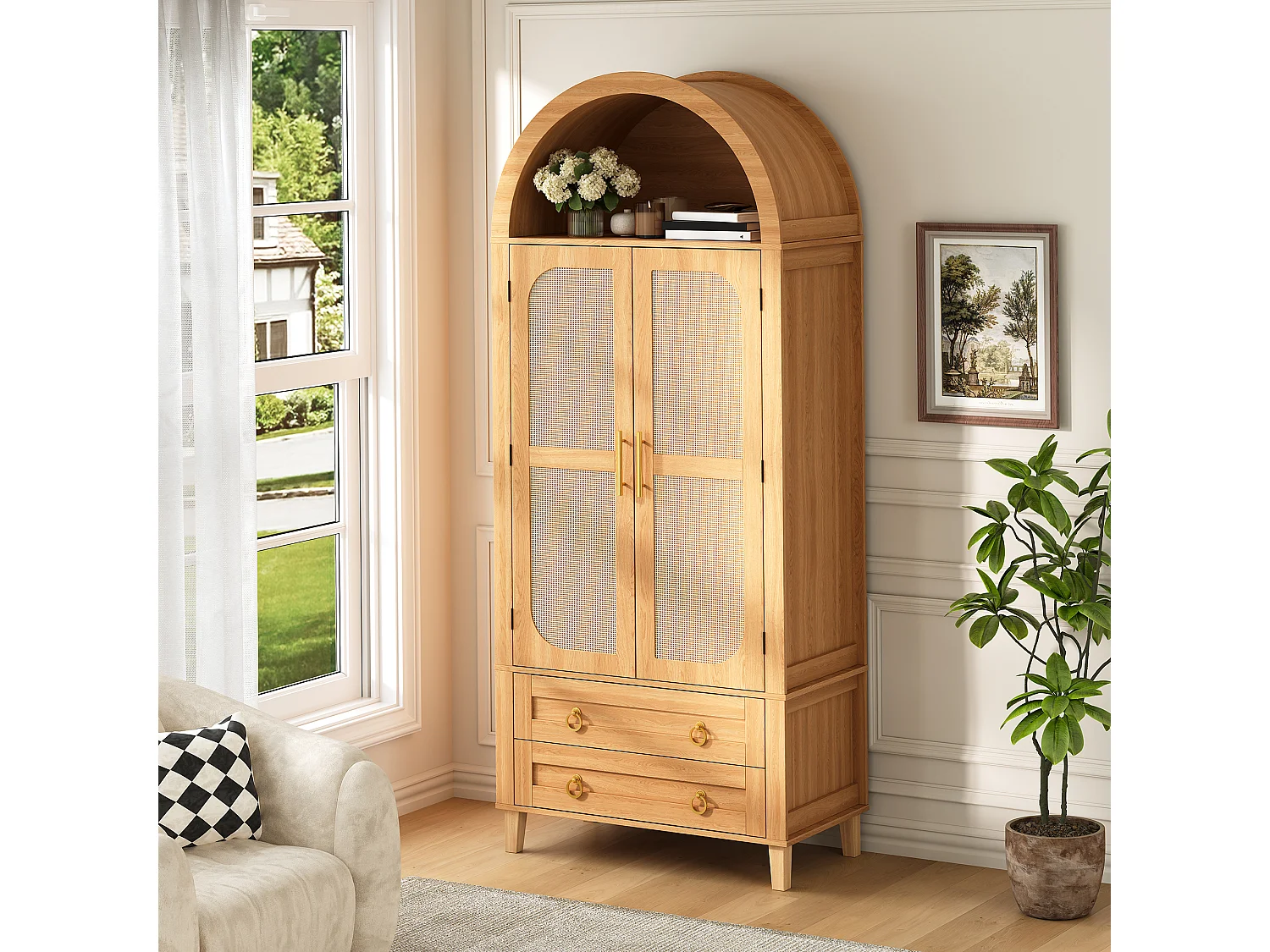 Buffet, armoire haute moderne cintrée - Éclairage LED - 2 portes aspect rotin + étagère de rangement + 2 tiroirs  - MDF - Naturel