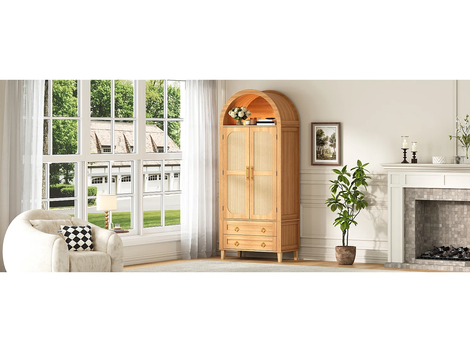 Buffet, armoire haute moderne cintrée - Éclairage LED - 2 portes aspect rotin + étagère de rangement + 2 tiroirs  - MDF - Naturel