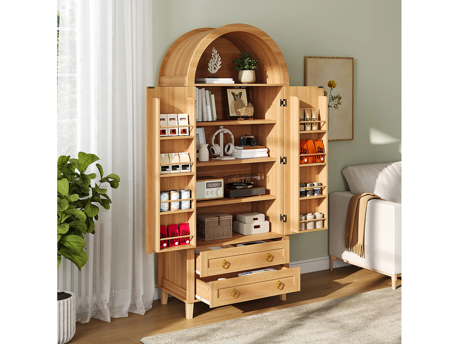 Buffet, armoire haute moderne cintrée - Éclairage LED - 2 portes aspect rotin + étagère de rangement + 2 tiroirs  - MDF - Naturel