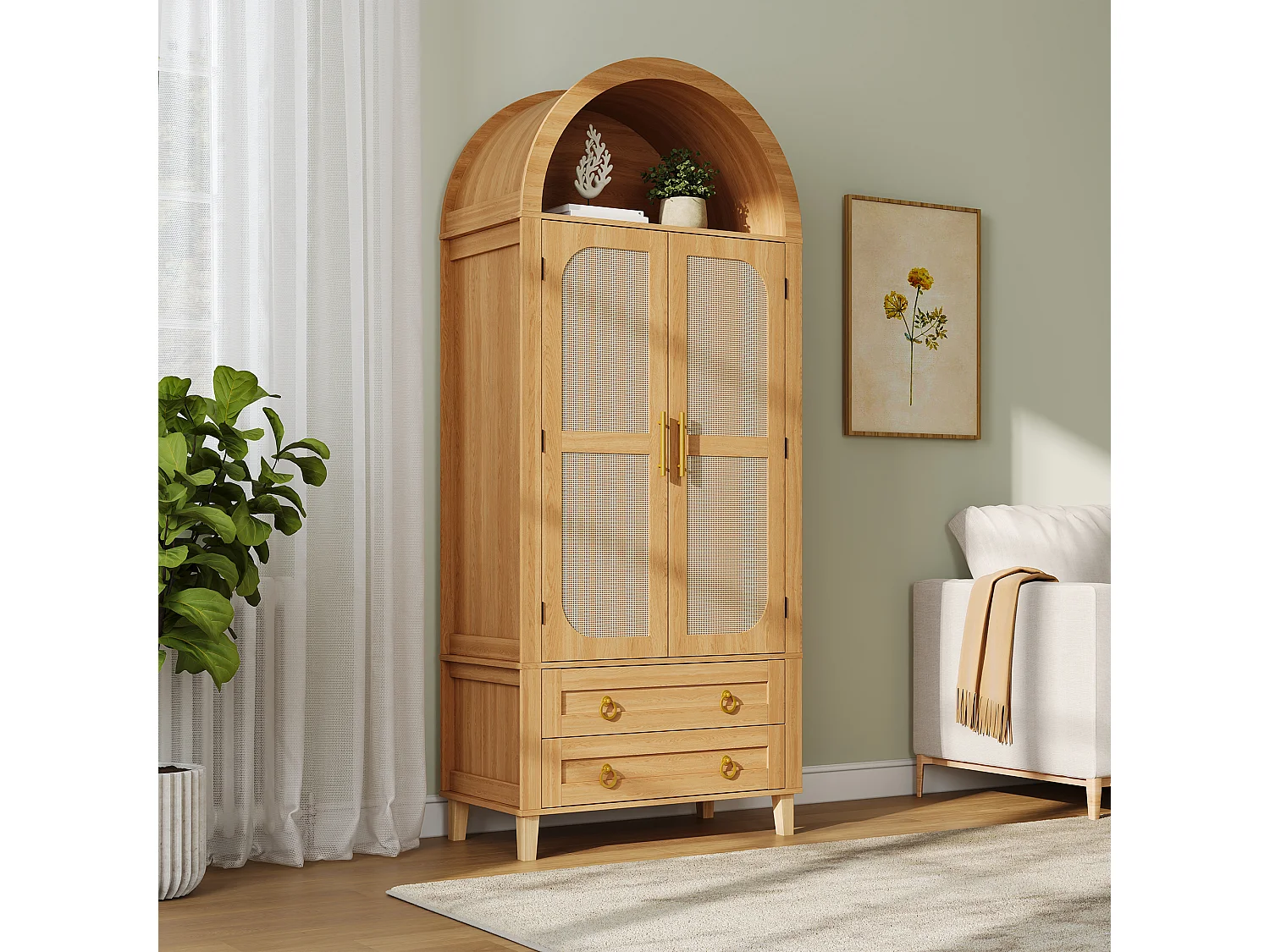 Buffet, armoire haute moderne cintrée - Éclairage LED - 2 portes aspect rotin + étagère de rangement + 2 tiroirs  - MDF - Naturel