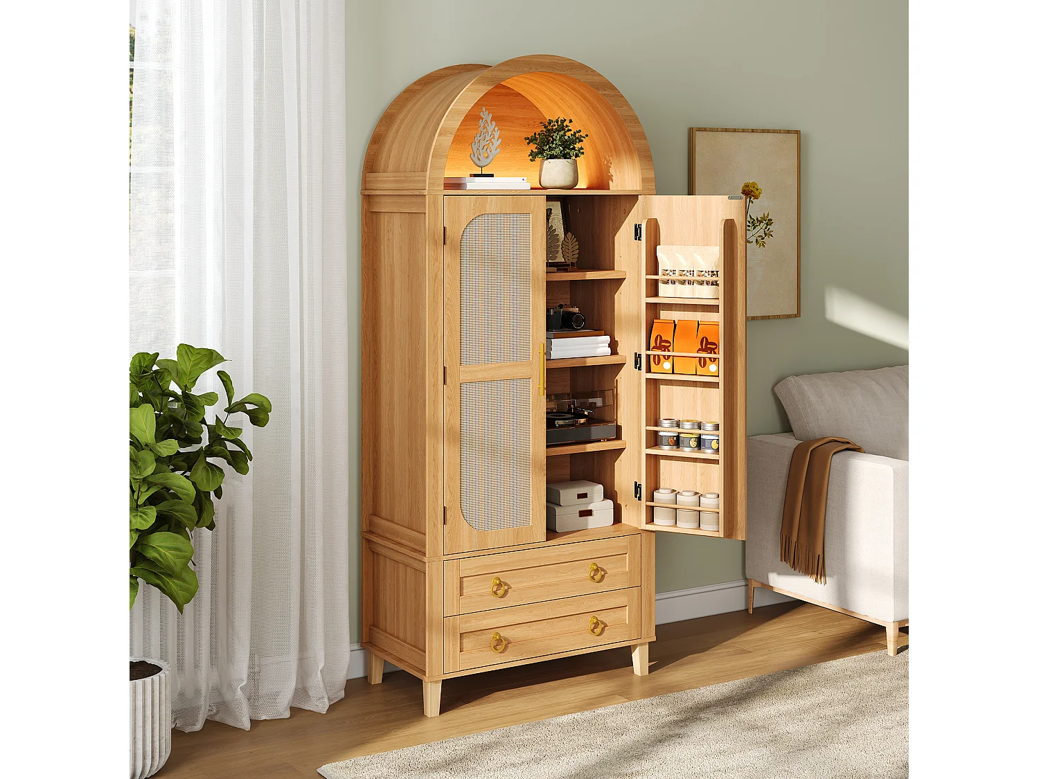 Buffet, armoire haute moderne cintrée - Éclairage LED - 2 portes aspect rotin + étagère de rangement + 2 tiroirs  - MDF - Naturel