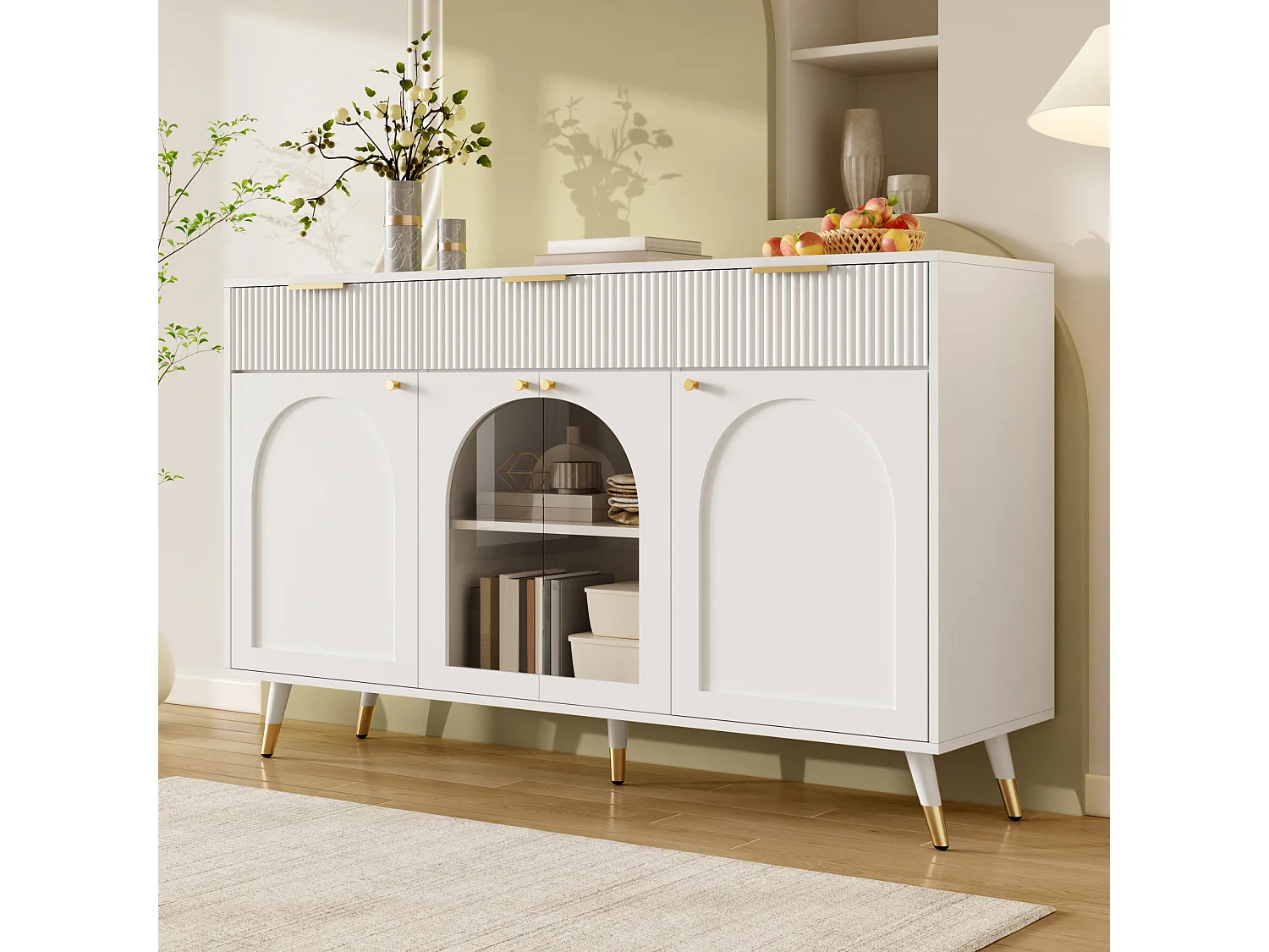Moderne buffet 140x40x85,5cm - med 3 skuffer og 4 døre - dør i akryl - håndtag i metal og møbelben i træ - Hvid