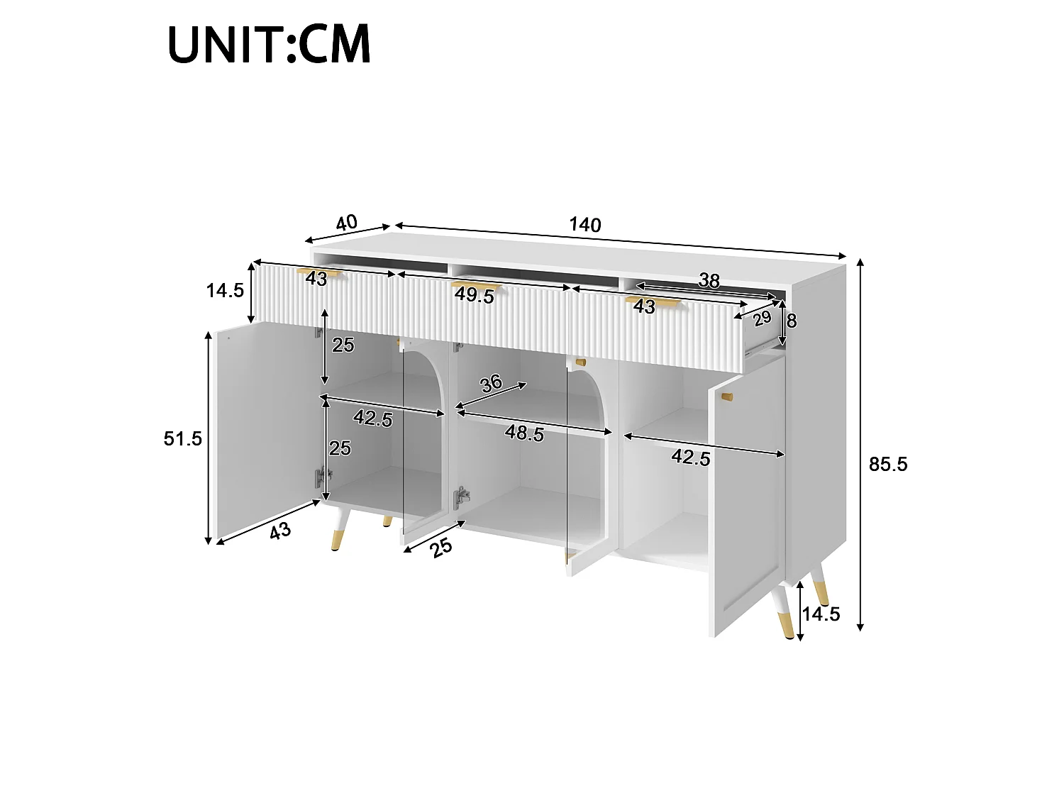 Moderne buffet 140x40x85,5cm - med 3 skuffer og 4 døre - dør i akryl - håndtag i metal og møbelben i træ - Hvid