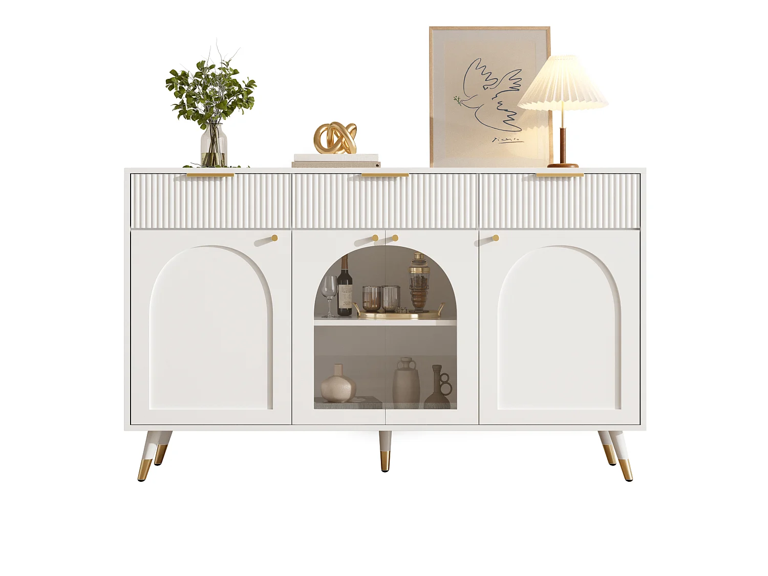 Moderne buffet 140x40x85,5cm - med 3 skuffer og 4 døre - dør i akryl - håndtag i metal og møbelben i træ - Hvid