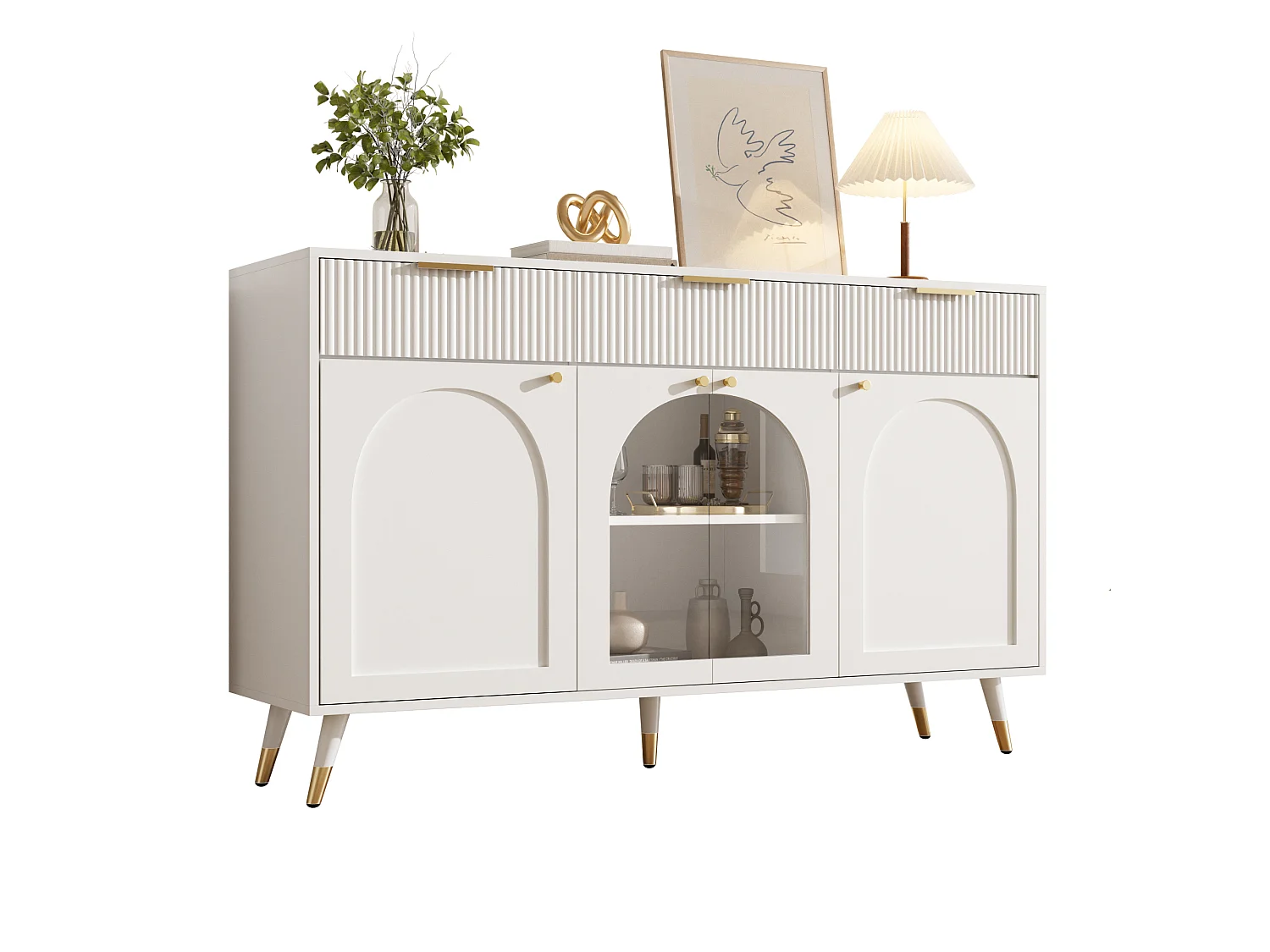 Moderne buffet 140x40x85,5cm - med 3 skuffer og 4 døre - dør i akryl - håndtag i metal og møbelben i træ - Hvid