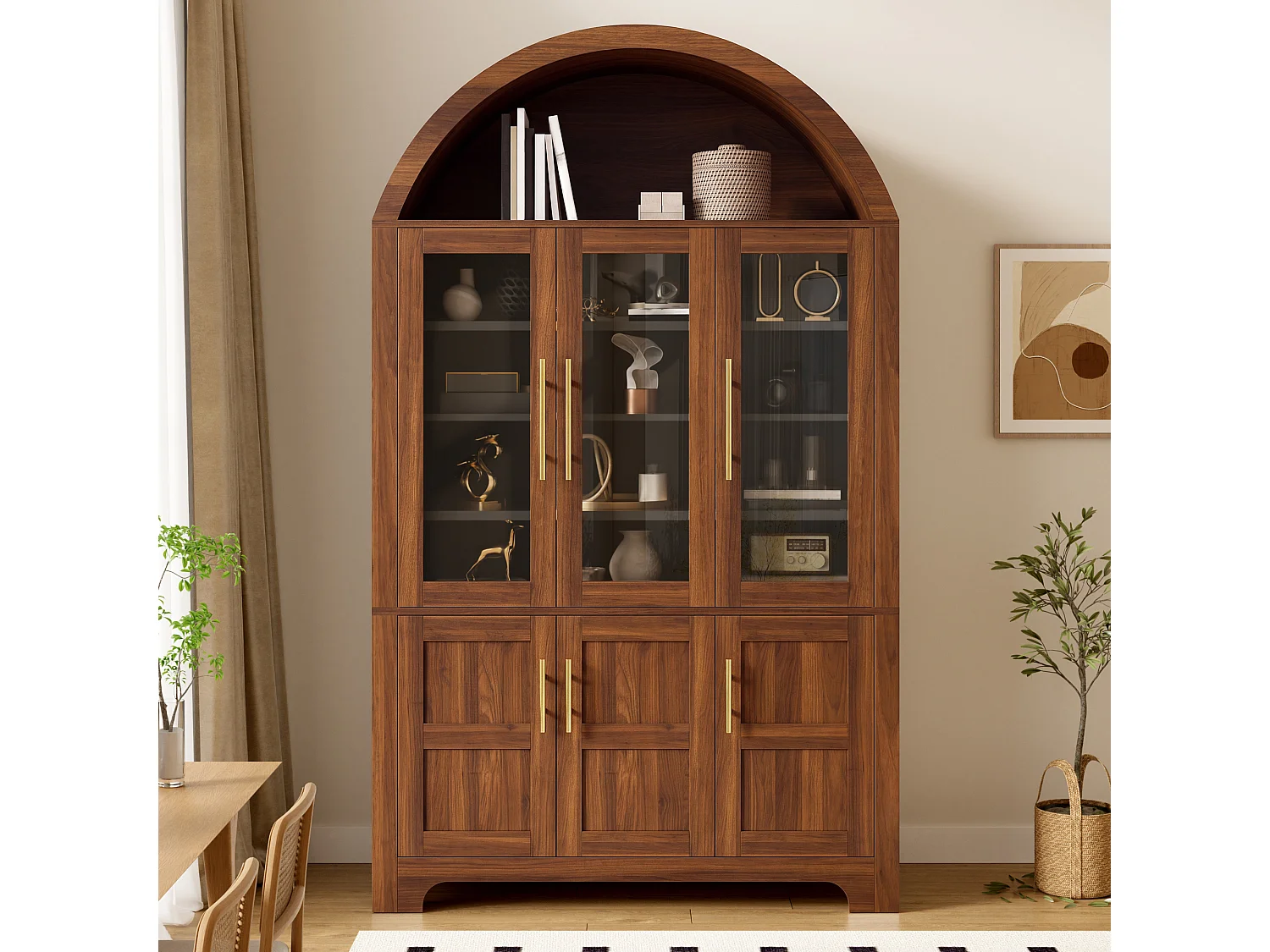 Nowoczesny bufet w łuku 110x40x185 cm - 3 przeszklone drzwi, 3 schowki i regulowane półki - MDF - Brązowy