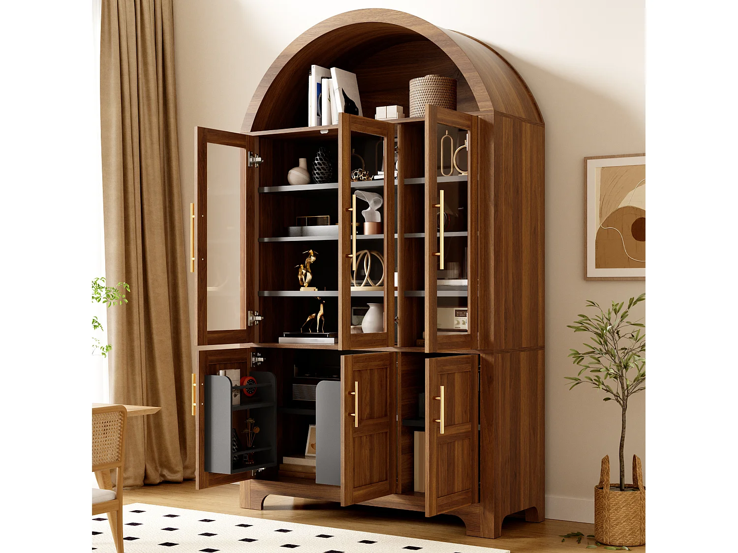 Nowoczesny bufet w łuku 110x40x185 cm - 3 przeszklone drzwi, 3 schowki i regulowane półki - MDF - Brązowy