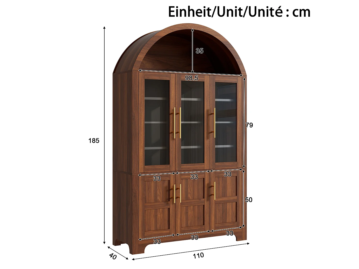 Nowoczesny bufet w łuku 110x40x185 cm - 3 przeszklone drzwi, 3 schowki i regulowane półki - MDF - Brązowy