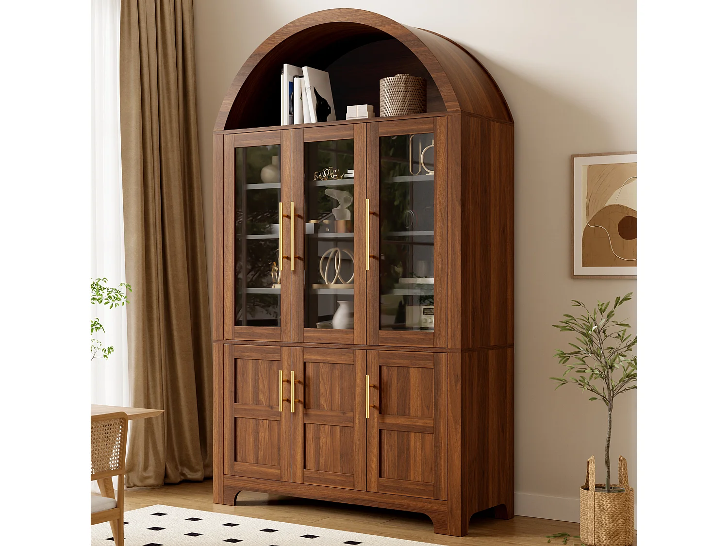 Nowoczesny bufet w łuku 110x40x185 cm - 3 przeszklone drzwi, 3 schowki i regulowane półki - MDF - Brązowy