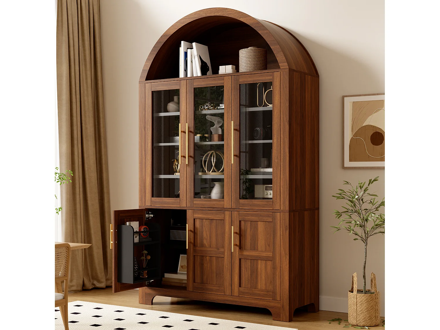 Nowoczesny bufet w łuku 110x40x185 cm - 3 przeszklone drzwi, 3 schowki i regulowane półki - MDF - Brązowy
