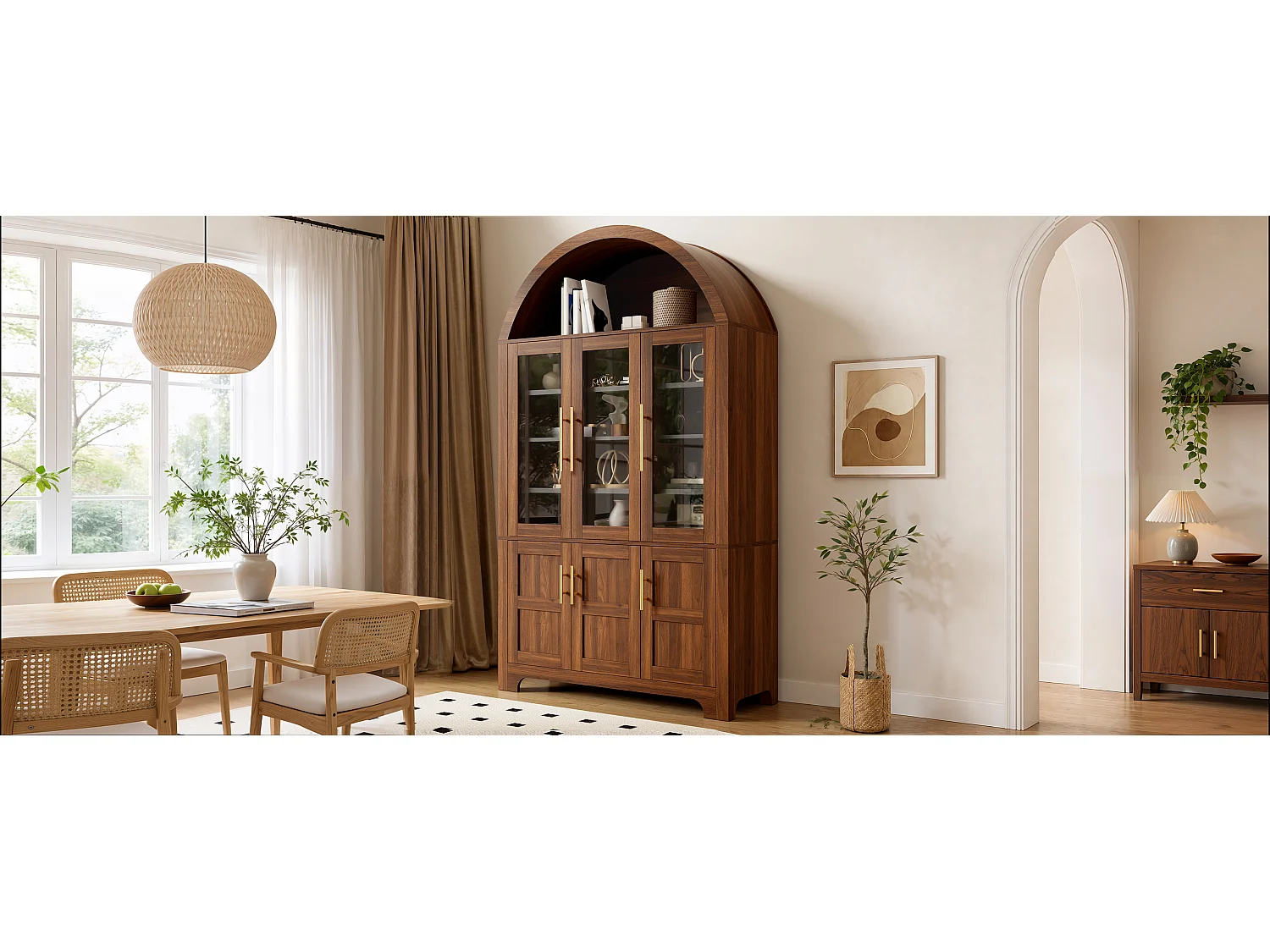 Nowoczesny bufet w łuku 110x40x185 cm - 3 przeszklone drzwi, 3 schowki i regulowane półki - MDF - Brązowy