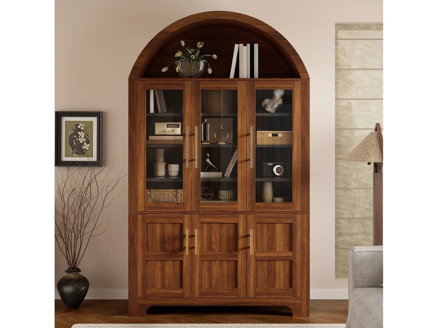 Nowoczesny bufet w łuku 110x40x185 cm - 3 przeszklone drzwi, 3 schowki i regulowane półki - MDF - Brązowy