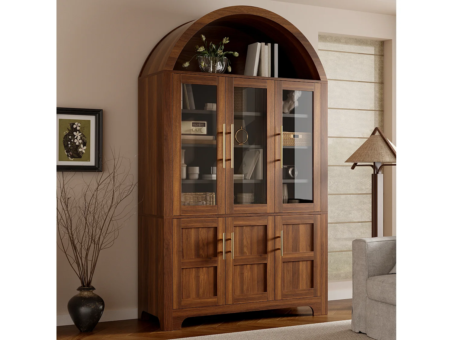 Nowoczesny bufet w łuku 110x40x185 cm - 3 przeszklone drzwi, 3 schowki i regulowane półki - MDF - Brązowy