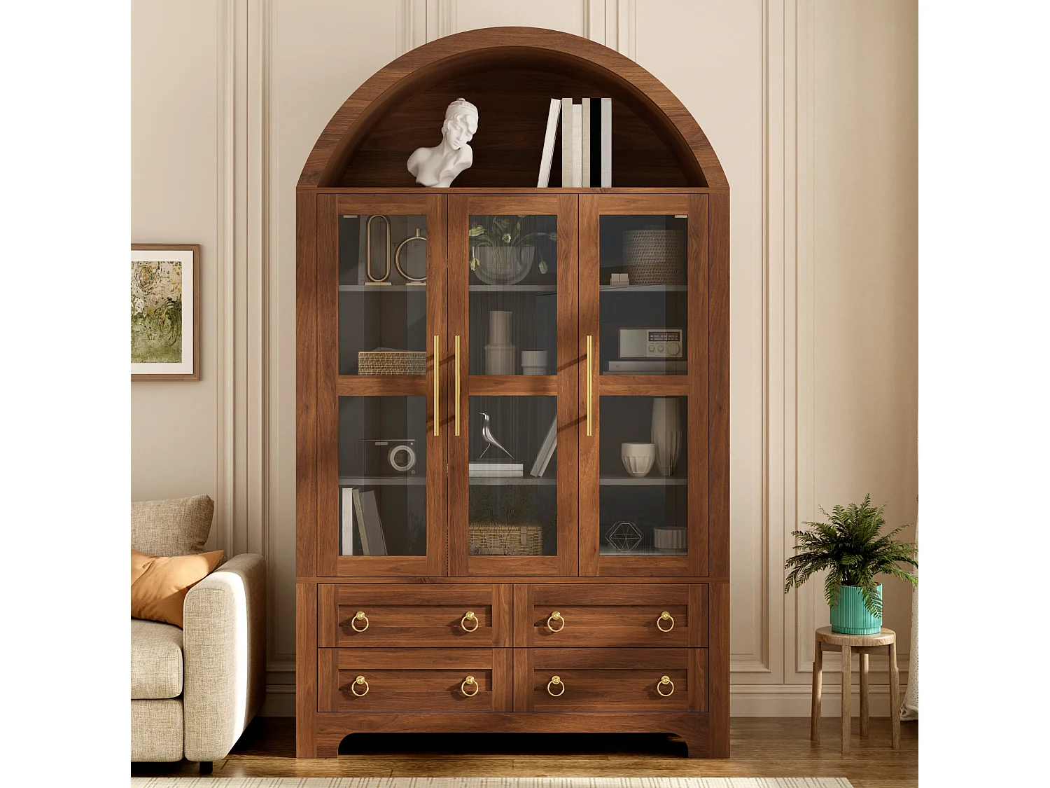 Buffet moderne 110x40x185 cm - 3 portes, 4 tiroirs et étagères cintrées ouvertes - Panneaux de particules + MDF - Marron