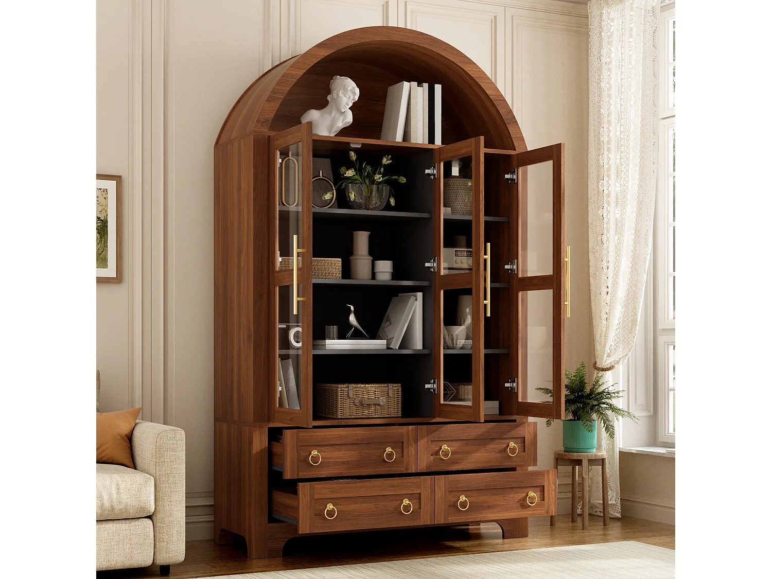 Buffet moderne 110x40x185 cm - 3 portes, 4 tiroirs et étagères cintrées ouvertes - Panneaux de particules + MDF - Marron