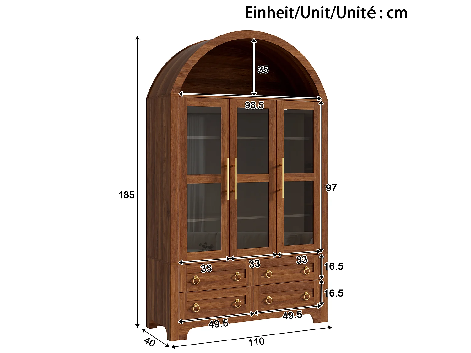 Buffet moderne 110x40x185 cm - 3 portes, 4 tiroirs et étagères cintrées ouvertes - Panneaux de particules + MDF - Marron