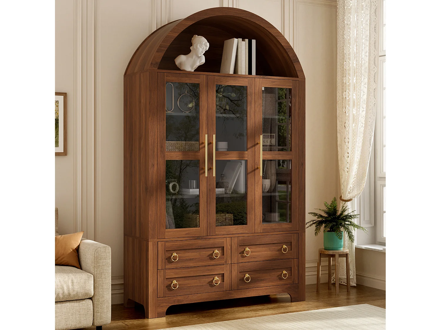 Buffet moderne 110x40x185 cm - 3 portes, 4 tiroirs et étagères cintrées ouvertes - Panneaux de particules + MDF - Marron
