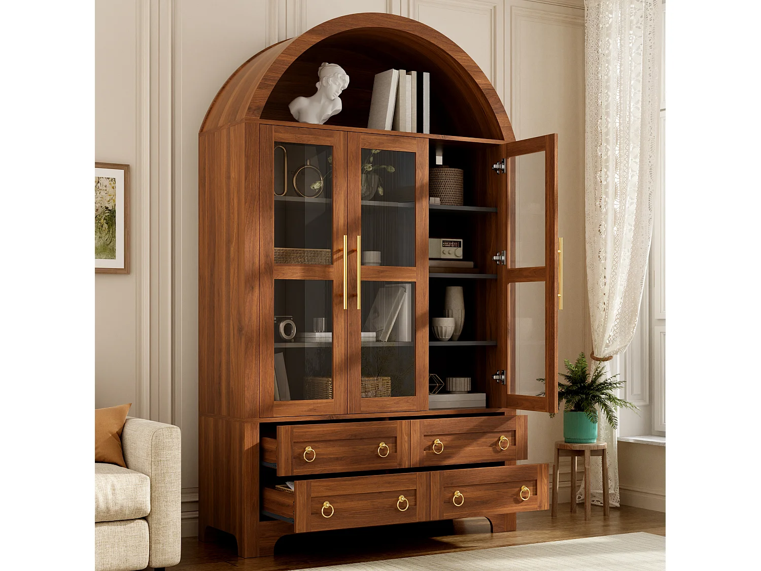 Buffet moderne 110x40x185 cm - 3 portes, 4 tiroirs et étagères cintrées ouvertes - Panneaux de particules + MDF - Marron