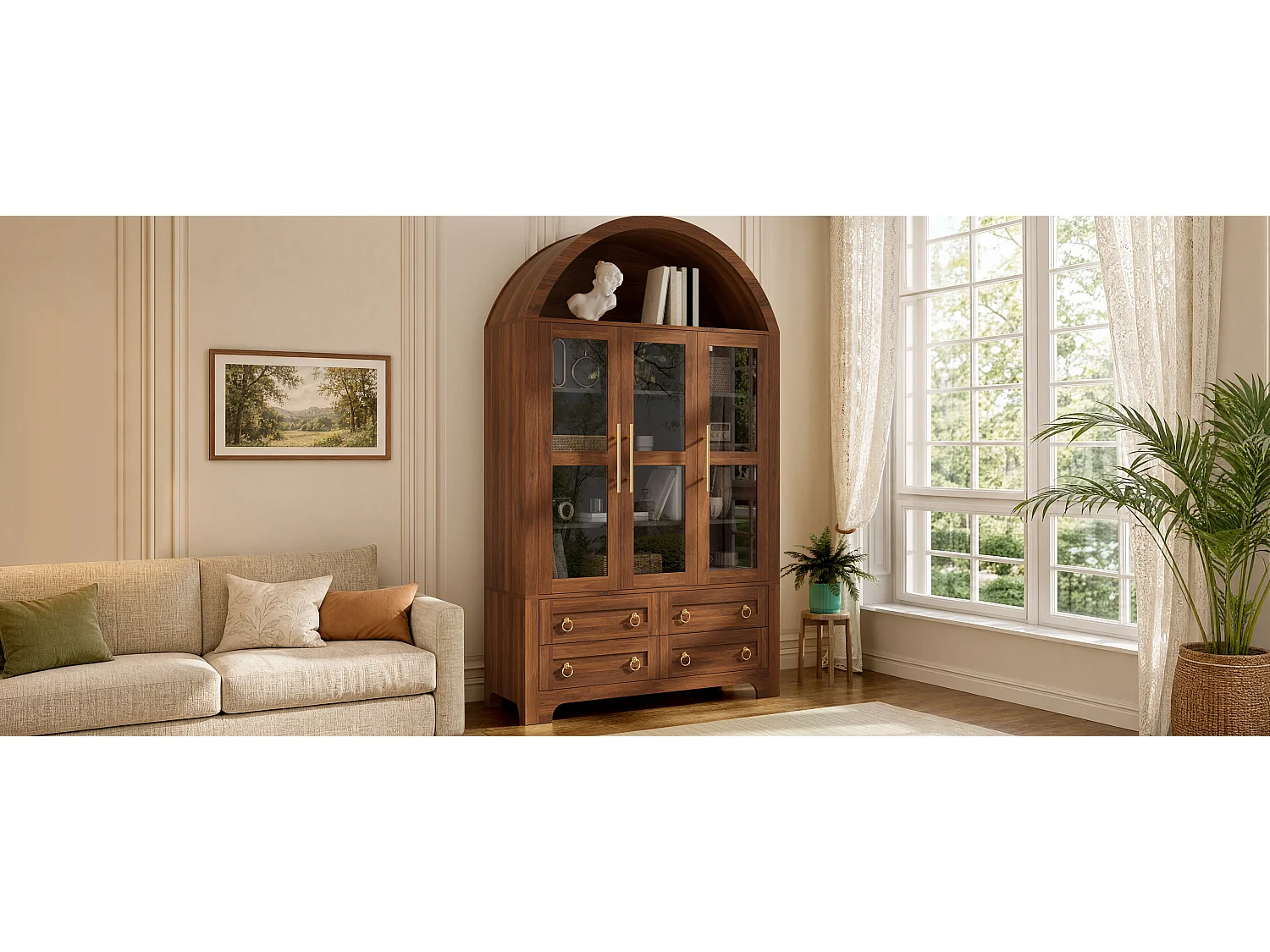 Buffet moderne 110x40x185 cm - 3 portes, 4 tiroirs et étagères cintrées ouvertes - Panneaux de particules + MDF - Marron