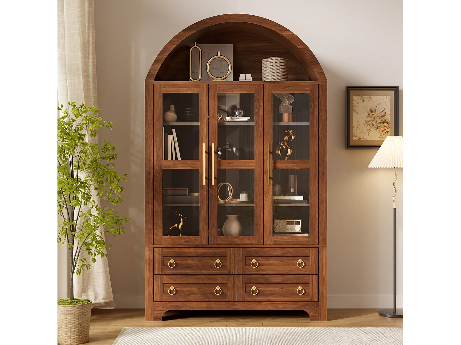 Buffet moderne 110x40x185 cm - 3 portes, 4 tiroirs et étagères cintrées ouvertes - Panneaux de particules + MDF - Marron